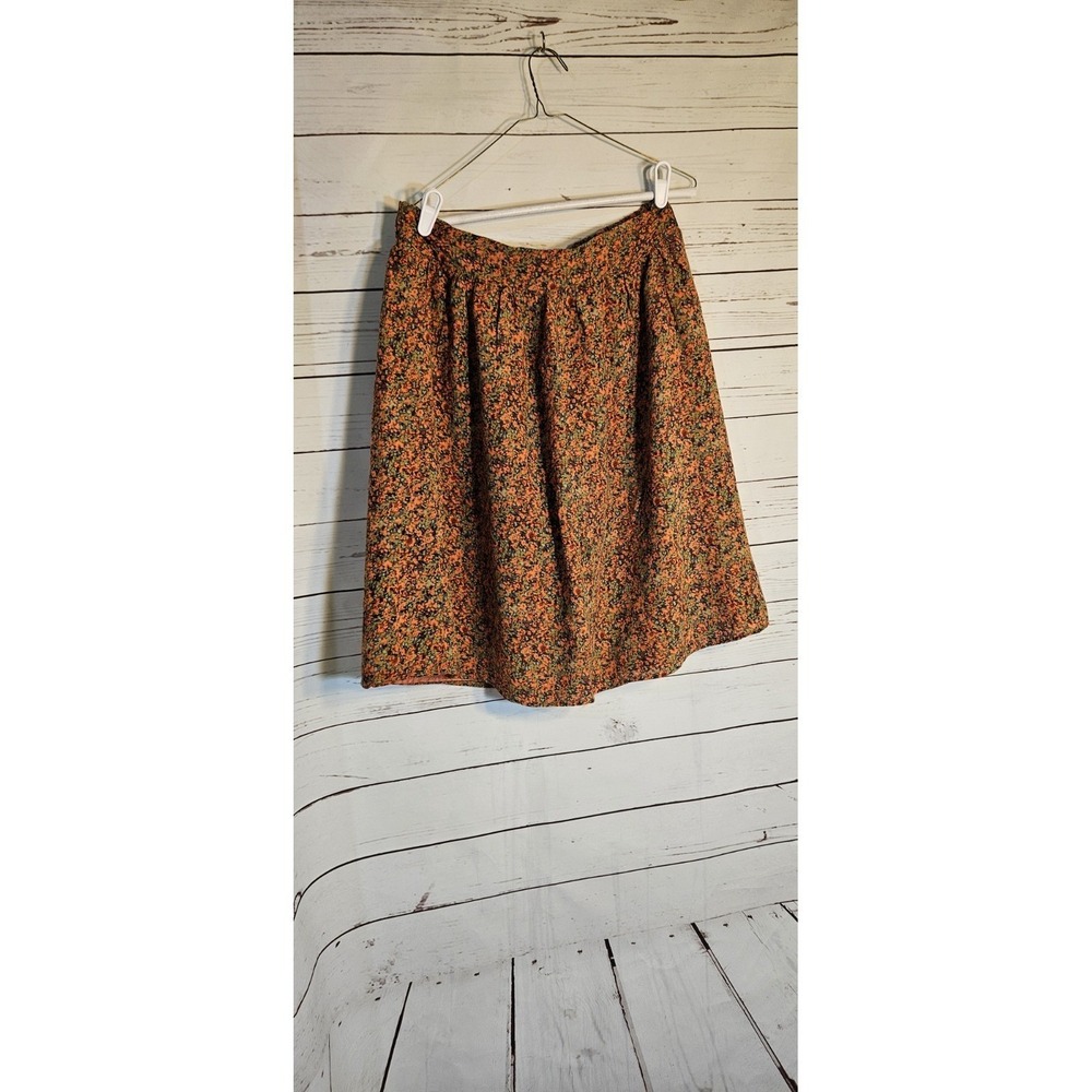 Bella‎ Bird Floral A-Line Skirt XL Orange Green Rayon Lined Boho Cottagecore